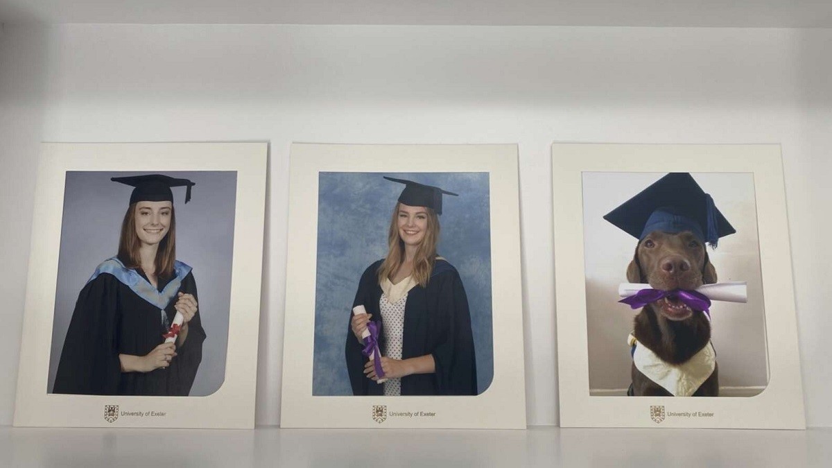 Beloved Dog Gets his Own Graduation Photo Display Beside Sisters