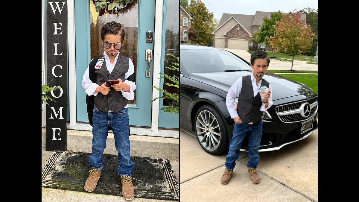 boy dresses up as Tony Stark for Halloween