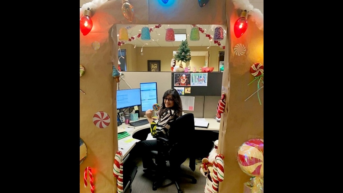 Christmas loving worker Transforms Office Cube Into Life-Sized Gingerbread House