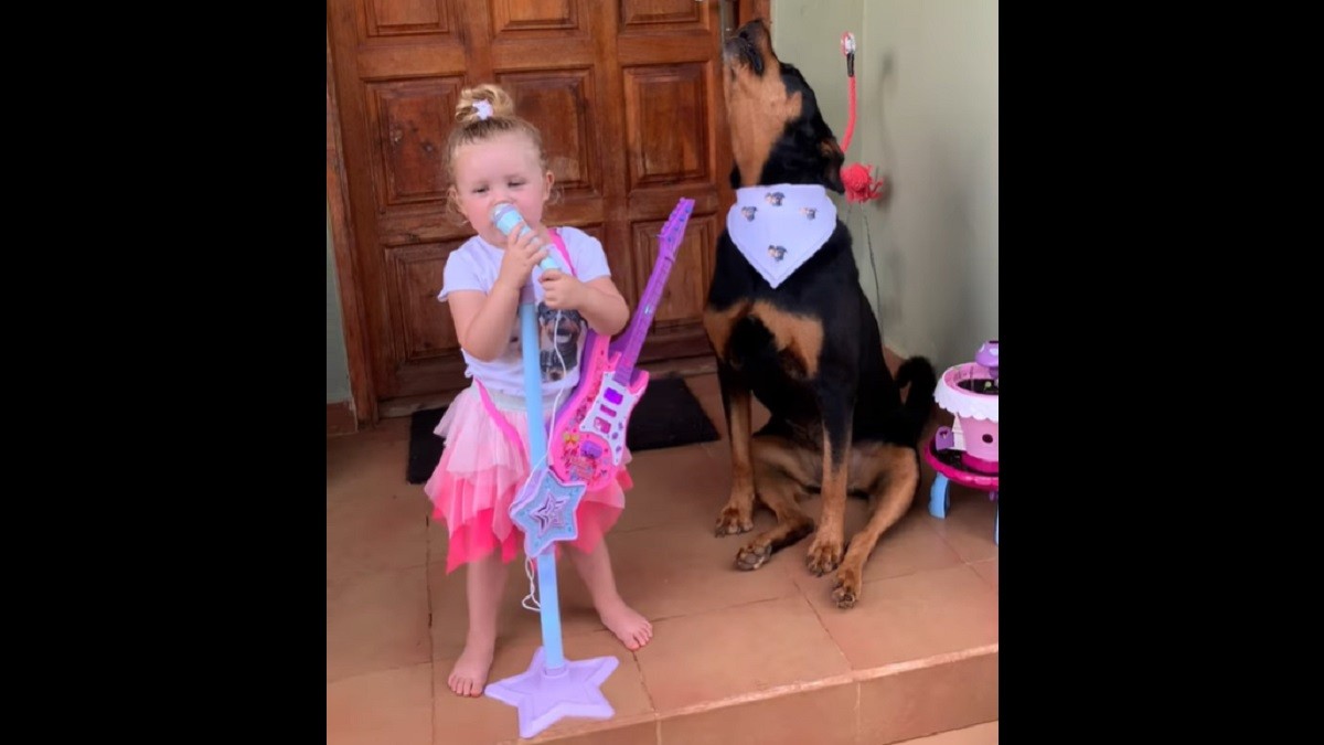Toddler and rottweiler singing tandem is everyone's favorite girl band