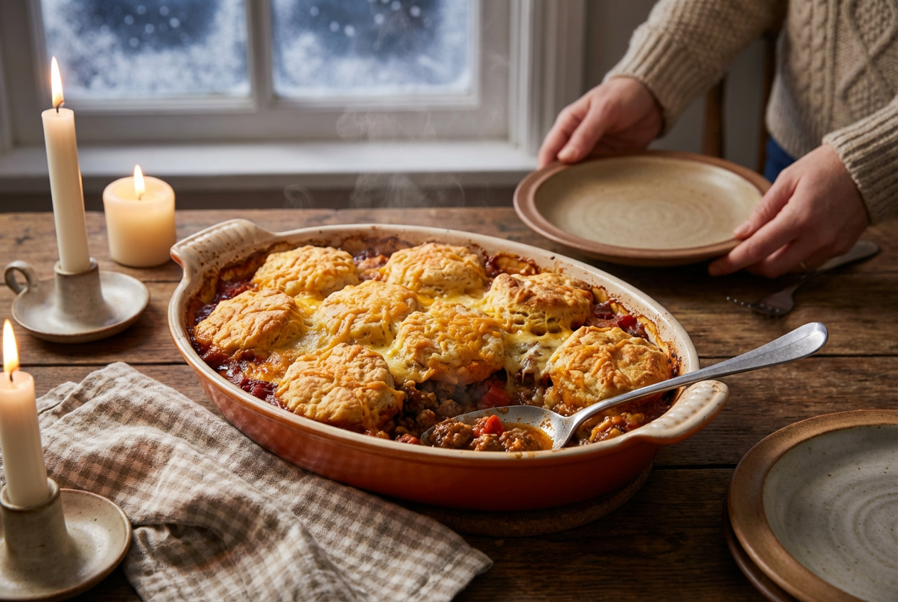 Cheddar Biscuit Beef Casserole Delivers Cozy Comfort