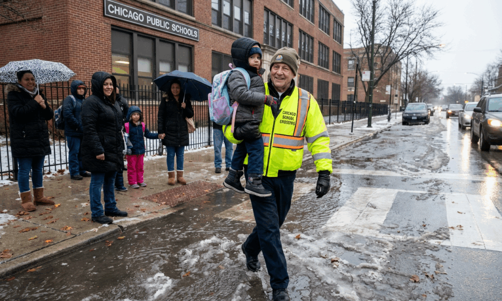 Chicago Crossing Guard Brings Smiles Amid Flood