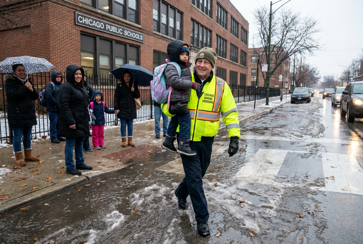 Chicago Crossing Guard Brings Smiles Amid Flood