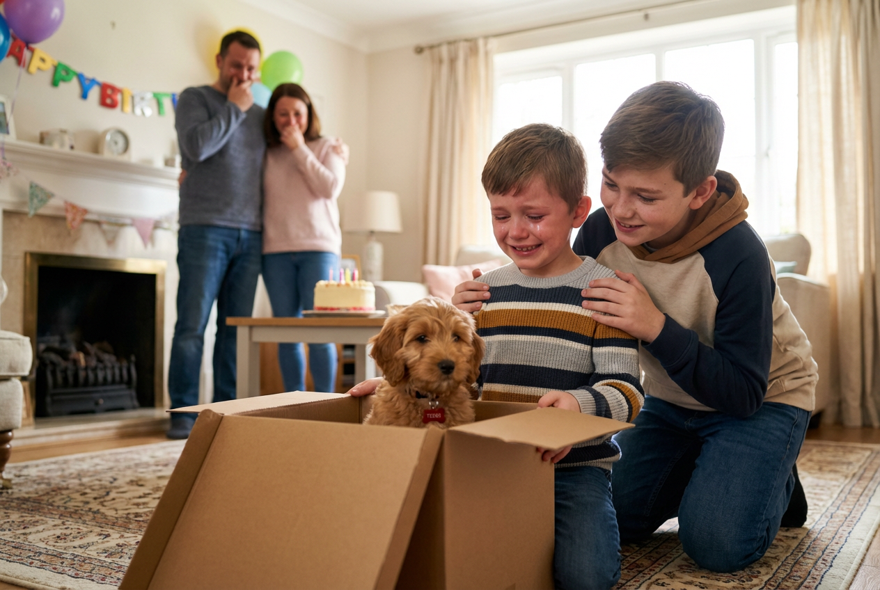 Boy Overjoyed by Surprise Puppy Gift