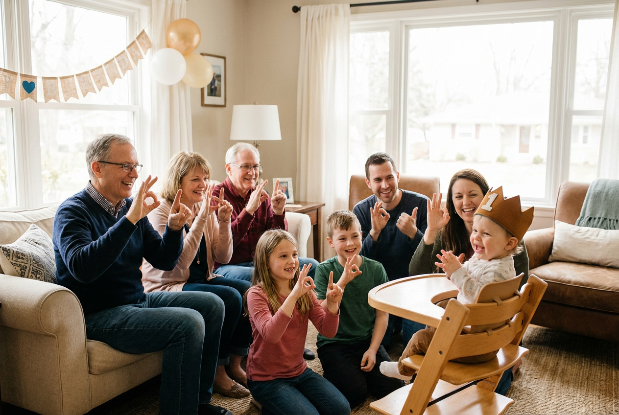 Family Signs Magical Birthday for Deaf Toddler