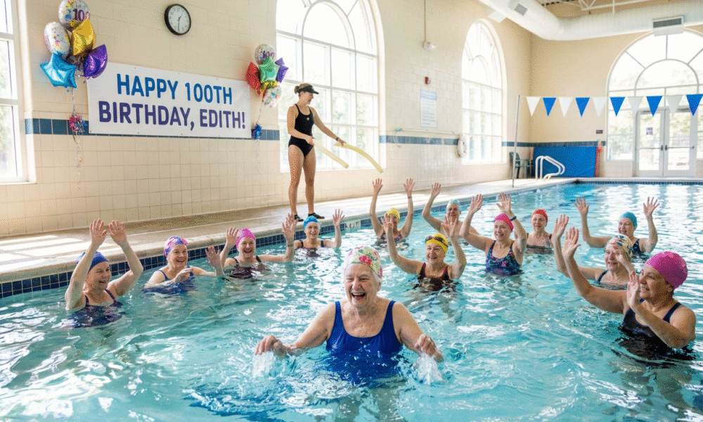 Centenarian Thrives on Water Aerobics Joy