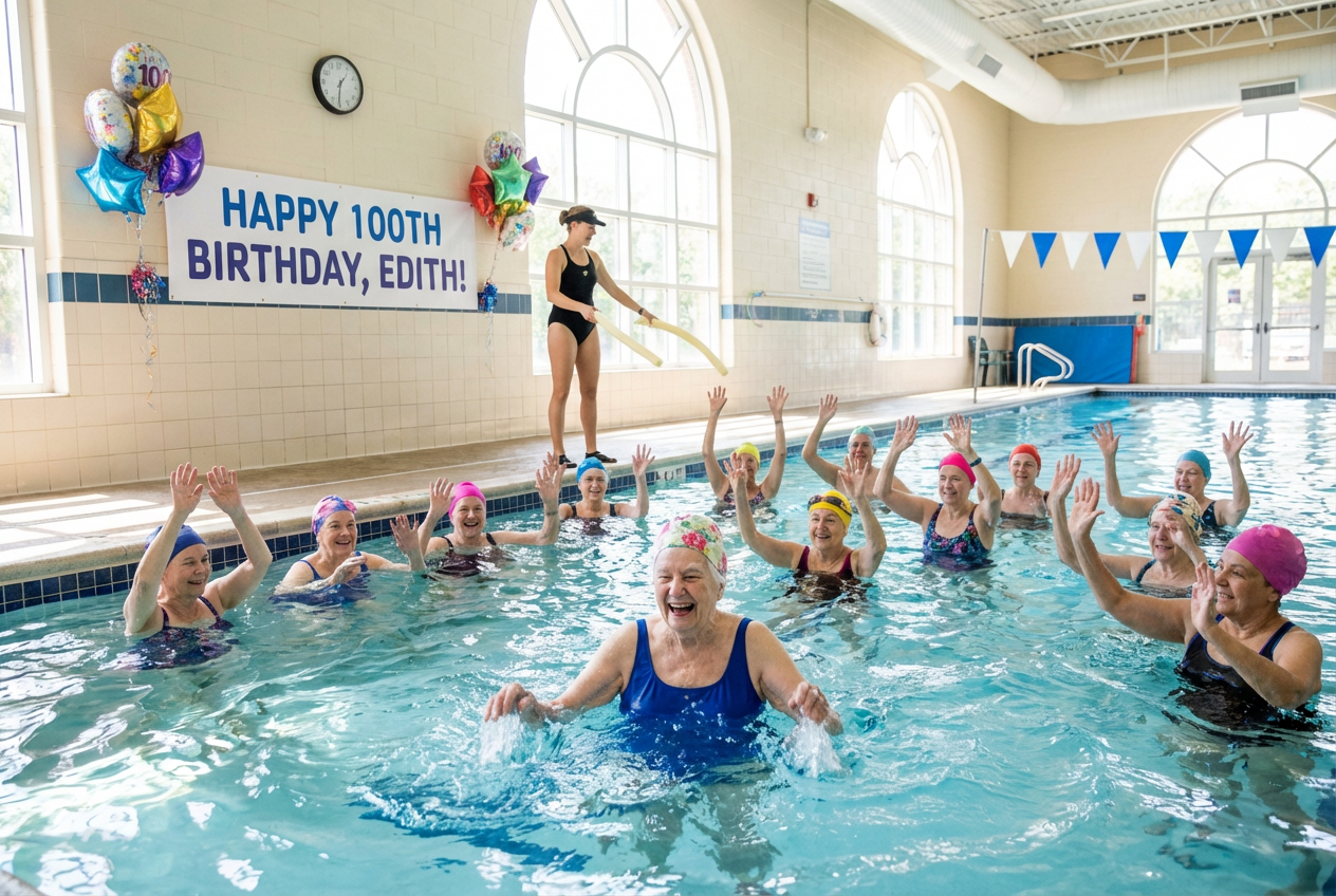 Centenarian Thrives on Water Aerobics Joy