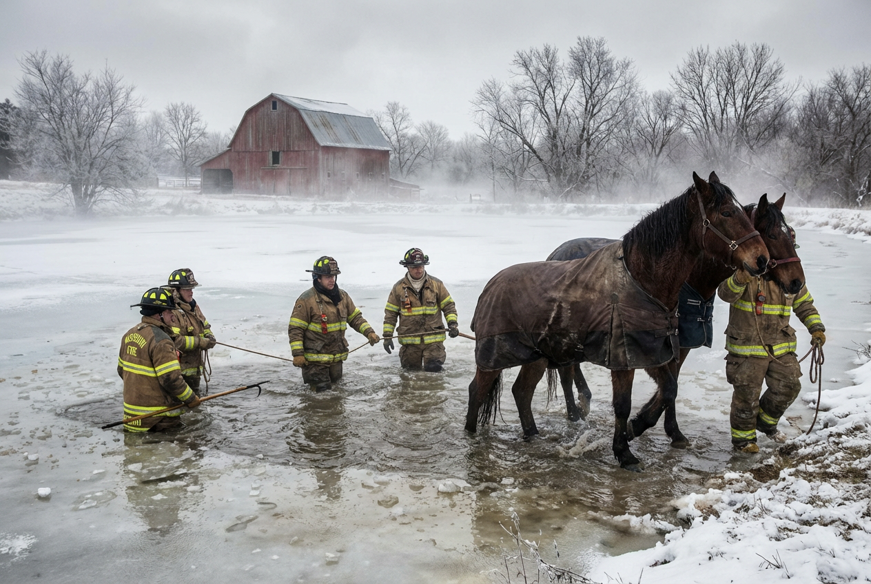 Firefighters Rescue Horses From Icy Pond