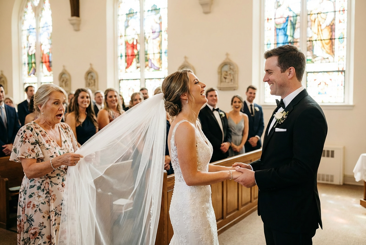 Bride’s Joyful Reaction to Wedding Veil Mishap