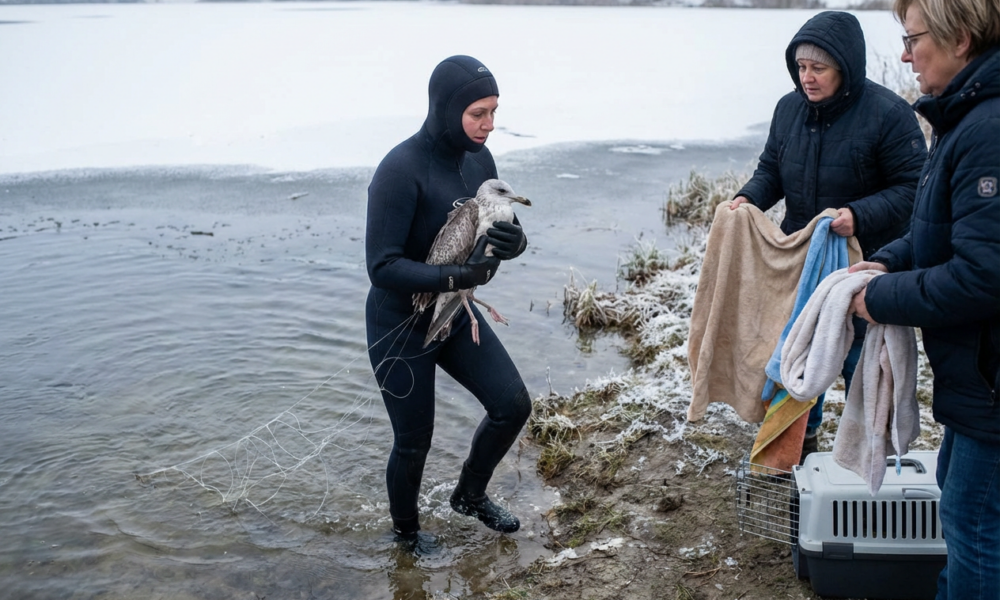 Wholesome Rescue Triumph: Brave Lifesaver Dives into Frigid Waters to Save Tangled Seabird